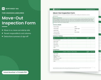 Può includere: Un modulo di ispezione di uscita stampabile per proprietari canadesi, documento bianco con intestazioni verdi, sezioni per i dettagli dell'affitto e tabelle per il monitoraggio delle condizioni stanza per stanza, con colonne di confronto.