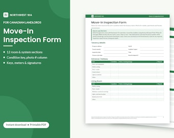 Può includere: Un modulo di ispezione per l'ingresso in un immobile per proprietari canadesi su sfondo verde con testo bianco, che include un documento PDF stampabile dettagliato con sezioni per i dettagli dell'affitto, ingresso e soggiorno.