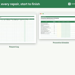 May include: A digital spreadsheet template featuring a Maintenance Request Log and a Preventive Maintenance Schedule with green headers and white cells. The text reads Track every repair, start to finish, Northwest WA, Request Log, and Preventive Schedule.