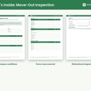 May include: A three-page Move-Out Inspection Form document by Northwest WA. The white pages feature green headers and tables for recording property conditions, tenancy details, room-by-room checklists, and signature sections for tenants and landlords.