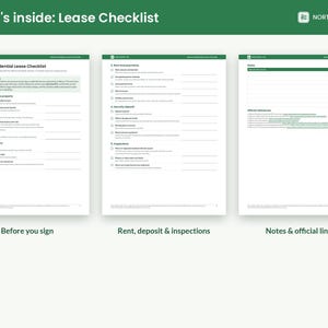 May include: A three-page Alberta Residential Lease Checklist document with green headers and white backgrounds. The pages feature organized sections for parties, property details, rent, security deposits, inspections, notes, and official links.