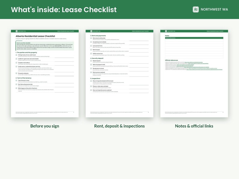 May include: A three-page Alberta Residential Lease Checklist document with green headers and white backgrounds. The pages feature organized sections for parties, property details, rent, security deposits, inspections, notes, and official links.