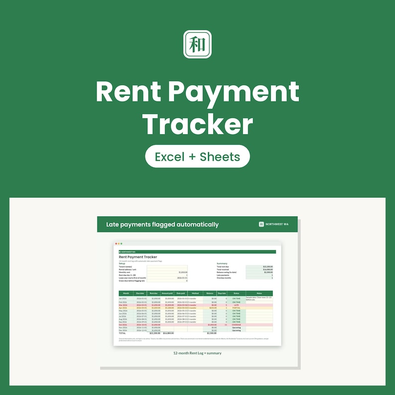 May include: A digital rent payment tracker template for Excel and Sheets on a green background. The interface displays a 12-month rent log, summary tables, and automatic late payment flagging features with clear columns for dates, amounts, and status.