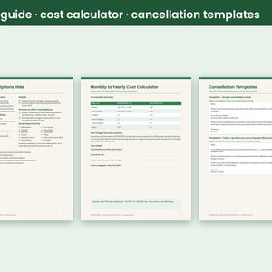 Op de afbeelding: Een digitaal document van drie pagina's getiteld Audit guide, cost calculator, and cancellation templates. De pagina's bevatten tekstsecties met de koppen Where Subscriptions Hide, Monthly to Yearly Cost Calculator en Cancellation Templates.