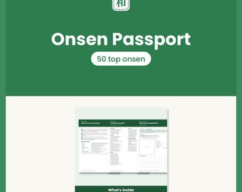 May include: A green Onsen Passport booklet featuring the text 50 top onsen and a Japanese kanji symbol. The interior pages display a how-to guide, a collection checklist, and a journal page for recording visits to various hot springs.