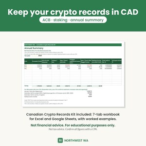 May include: A digital spreadsheet template titled Canadian Crypto Records Kit for tracking annual crypto tax data in CAD. The document includes columns for coin, proceeds, ACB, fees, gains, losses, and staking income with sample 2026 data entries.