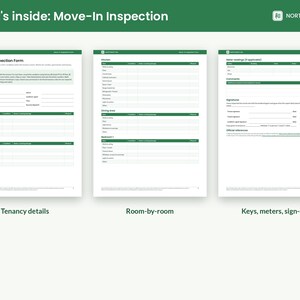 May include: A three-page Move-In Inspection Form document with a green header titled What's inside: Move-In Inspection. The pages include sections for tenancy details, room-by-room condition checklists, meter readings, and signature lines.