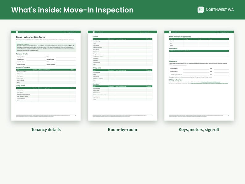 May include: A three-page Move-In Inspection Form document with a green header titled What's inside: Move-In Inspection. The pages include sections for tenancy details, room-by-room condition checklists, meter readings, and signature lines.