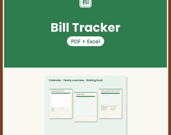 Op de afbeelding: Een digitale factuurtracker-sjabloon met een donkergroene achtergrond en witte tekst Bill Tracker en PDF + Excel. Hieronder tonen drie documentvoorbeelden een maandkalender, een jaaroverzicht en een sinking fund tracker.