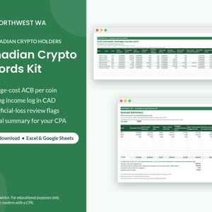May include: A digital Canadian Crypto Records Kit spreadsheet template for Excel and Google Sheets. The green interface displays text including Northwest WA, Canadian Crypto Records Kit, and features like ACB Calculator and Annual Summary.