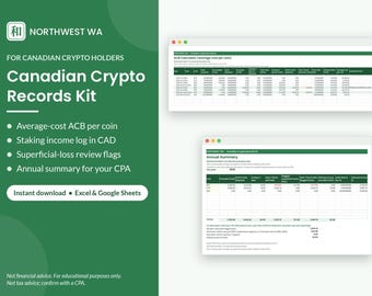 May include: A digital Canadian Crypto Records Kit spreadsheet template for Excel and Google Sheets. The green interface displays text including Northwest WA, Canadian Crypto Records Kit, and features like ACB Calculator and Annual Summary.