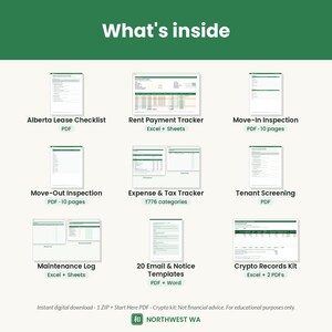 May include: A digital document collection titled What's inside featuring an Alberta Lease Checklist, Rent Payment Tracker, Move-In and Move-Out Inspections, Expense & Tax Tracker, Tenant Screening, Maintenance Log, Email & Notice Templates, and Crypto Records Kit.