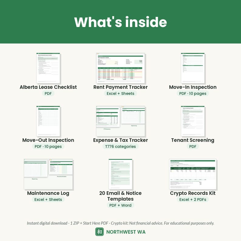 May include: A digital document collection titled What's inside featuring an Alberta Lease Checklist, Rent Payment Tracker, Move-In and Move-Out Inspections, Expense & Tax Tracker, Tenant Screening, Maintenance Log, Email & Notice Templates, and Crypto Records Kit.