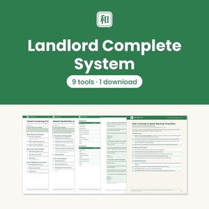 May include: A digital document set titled Landlord Complete System with 9 tools and 1 download. The graphic features a green background with white text and a series of five white pages displaying checklists and forms for property management.