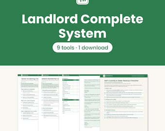 May include: A digital document set titled Landlord Complete System with 9 tools and 1 download. The graphic features a green background with white text and a series of five white pages displaying checklists and forms for property management.