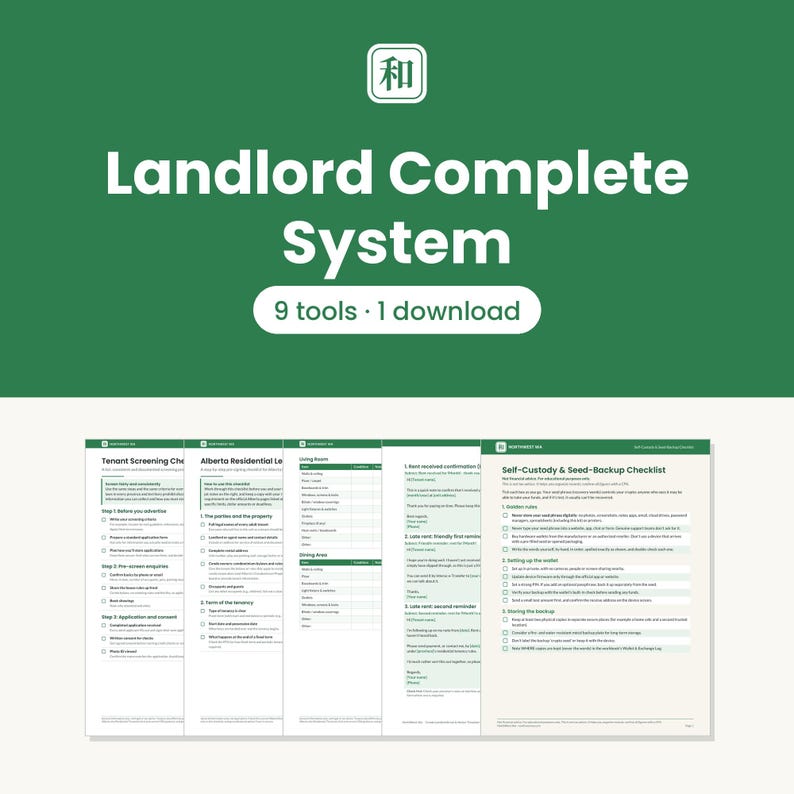 May include: A digital document set titled Landlord Complete System with 9 tools and 1 download. The graphic features a green background with white text and a series of five white pages displaying checklists and forms for property management.