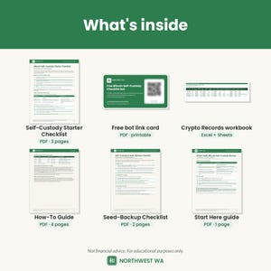 May include: A digital product set titled What's inside featuring a Self-Custody Starter Checklist, a Free bot link card with a QR code, a Crypto Records workbook, a How-To Guide, a Seed-Backup Checklist, and a Start Here guide by Northwest WA.