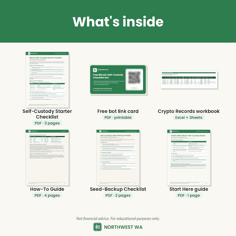 May include: A digital product set titled What's inside featuring a Self-Custody Starter Checklist, a Free bot link card with a QR code, a Crypto Records workbook, a How-To Guide, a Seed-Backup Checklist, and a Start Here guide by Northwest WA.