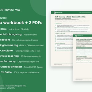 May include: A digital workbook and PDF set titled Northwest WA, featuring a 7-tab workbook and 2 PDFs. The content includes a self-custody and seed-backup checklist, a how-to guide for Canadian crypto records, and various logs for transactions, staking income, and annual summaries.