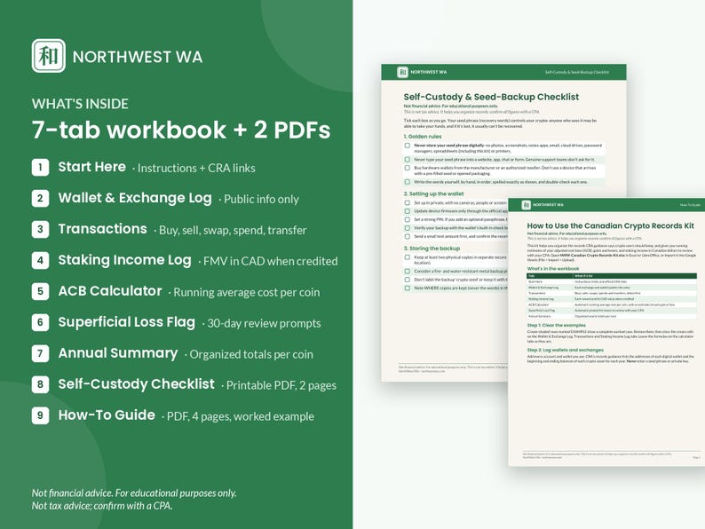 May include: A digital workbook and PDF set titled Northwest WA, featuring a 7-tab workbook and 2 PDFs. The content includes a self-custody and seed-backup checklist, a how-to guide for Canadian crypto records, and various logs for transactions, staking income, and annual summaries.
