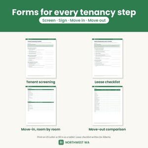 May include: A set of four white digital forms with green headers titled Forms for every tenancy step, Screen, Sign, Move in, Move out. Includes a Tenant Screening Checklist, Alberta Residential Lease Checklist, Move-in, room by room, and Move-out comparison forms.