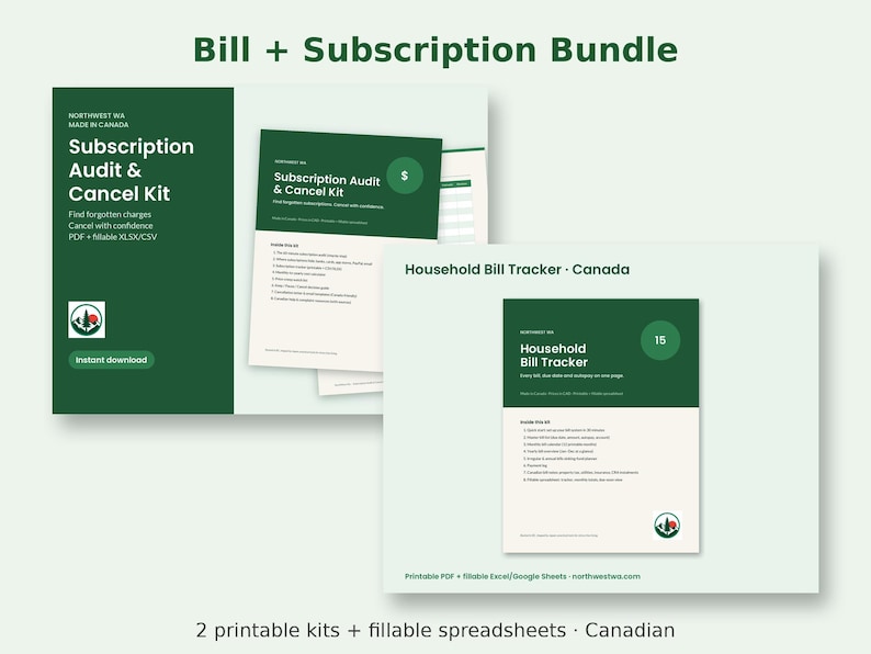 Paket med fakturaspårning och prenumerationsgranskning | Utskrivbar kanadensisk budget, fakturakalender, prenumerationsspårning, avbokningsmallar | PDF + Excel bild 1
