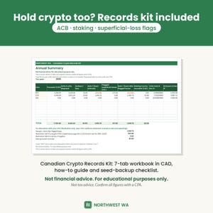May include: A Canadian Crypto Records Kit workbook featuring an annual summary table for tracking cryptocurrency assets, including columns for proceeds, ACB, fees, gains, losses, staking income, and units held, with a total summary section below.