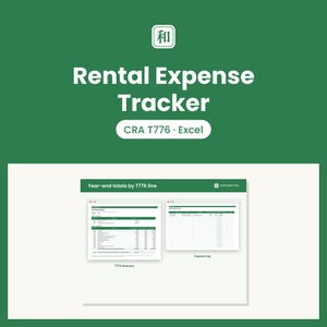 May include: A digital Rental Expense Tracker for Excel featuring a green background with white text. The display shows a T776 Summary and an Expense Log with the header Year-end totals by T776 line. The interface includes a small square icon with the kanji character 和.
