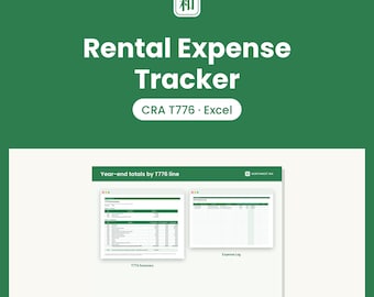 May include: A digital Rental Expense Tracker for Excel featuring a green background with white text. The display shows a T776 Summary and an Expense Log with the header Year-end totals by T776 line. The interface includes a small square icon with the kanji character 和.