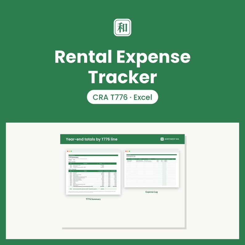 May include: A digital Rental Expense Tracker for Excel featuring a green background with white text. The display shows a T776 Summary and an Expense Log with the header Year-end totals by T776 line. The interface includes a small square icon with the kanji character 和.