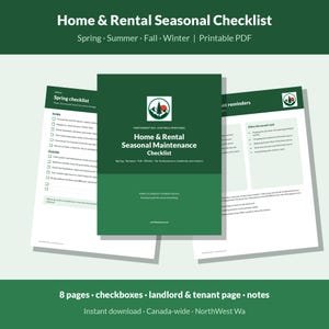 Home Maintenance Checklist Printable, Seasonal Home & Rental Checklist, Canada, Landlord Tenant, Spring Fall Winter Planner PDF