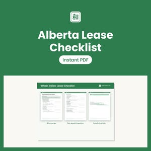 May include: A digital Alberta Lease Checklist document in PDF format. The graphic features a green background with white text reading Alberta Lease Checklist and Instant PDF. Three pages are displayed showing sections for lease details.