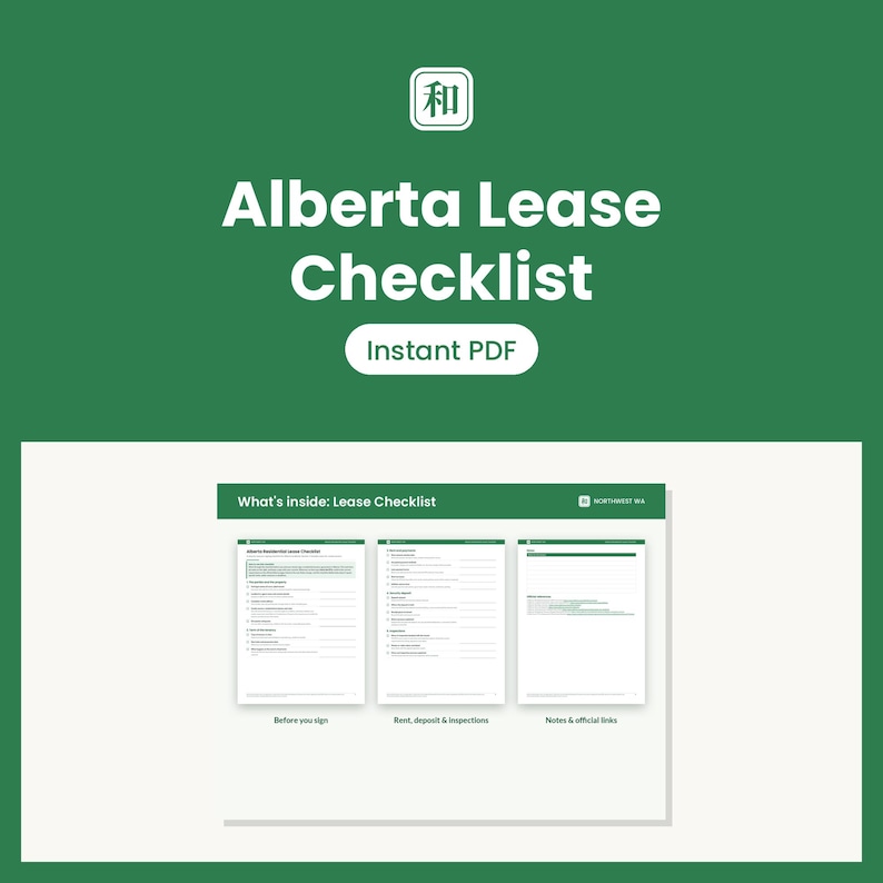May include: A digital Alberta Lease Checklist document in PDF format. The graphic features a green background with white text reading Alberta Lease Checklist and Instant PDF. Three pages are displayed showing sections for lease details.