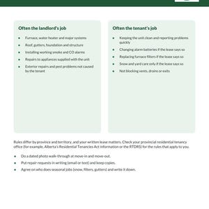 May include: An informational flyer titled RENTING? Landlord & tenant reminders. It features two columns outlining responsibilities for landlords and tenants, with a logo of a mountain and sun in the top right corner and footer text.