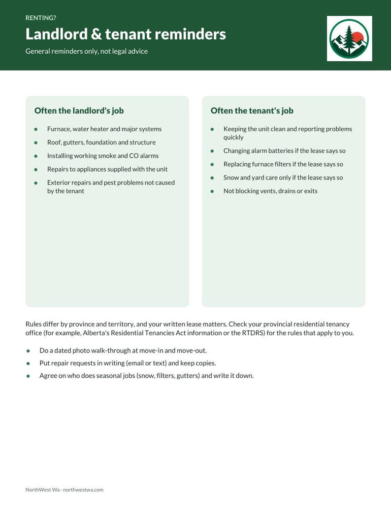 May include: An informational flyer titled RENTING? Landlord & tenant reminders. It features two columns outlining responsibilities for landlords and tenants, with a logo of a mountain and sun in the top right corner and footer text.