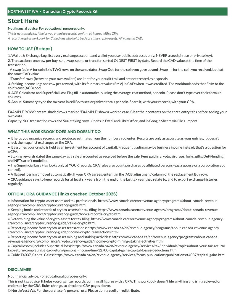 May include: A document titled Northwest WA Canadian Crypto Records Kit, providing instructions for a record-keeping workbook. It outlines five steps for tracking crypto transactions, staking income, and tax summaries for Canadian users.