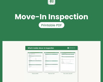 May include: A digital document titled Move-In Inspection Printable PDF featuring a green background with a white square icon containing the Japanese character 和. Below, three white pages display forms for tenancy details, room-by-room checks, and keys, meters, and sign-off sections.