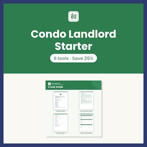May include: A digital document set titled Condo Landlord Starter featuring a green background with white text. It includes a preview section labeled A look inside showing four document templates for email, notices, checklists, and inspections.