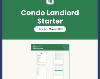 May include: A digital document set titled Condo Landlord Starter featuring a green background with white text. It includes a preview section labeled A look inside showing four document templates for email, notices, checklists, and inspections.