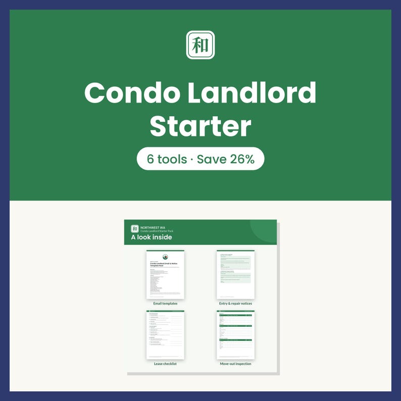 May include: A digital document set titled Condo Landlord Starter featuring a green background with white text. It includes a preview section labeled A look inside showing four document templates for email, notices, checklists, and inspections.