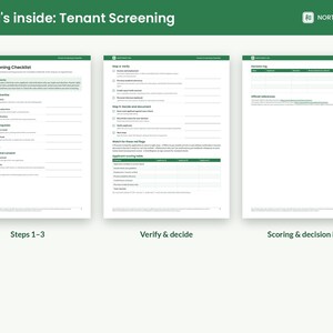 May include: Three white pages of a Tenant Screening Checklist from Northwest WA. The documents feature green headers, checkboxes, and text sections labeled Steps 1-3, Verify & decide, and Scoring & decision log for property management.