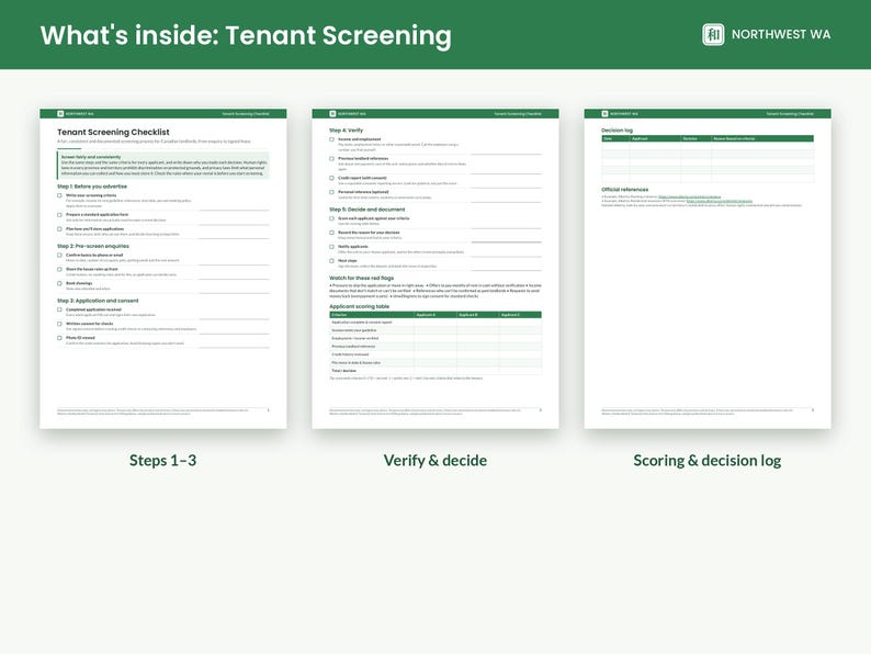 May include: Three white pages of a Tenant Screening Checklist from Northwest WA. The documents feature green headers, checkboxes, and text sections labeled Steps 1-3, Verify & decide, and Scoring & decision log for property management.