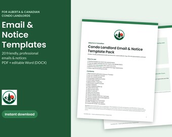 Modelli di email per proprietari di immobili, pacchetto di avvisi per proprietari di condomini in Alberta, promemoria di pagamento dell'affitto, avviso di ingresso, rinnovo del contratto di locazione, PDF per il Canada + Word modificabile