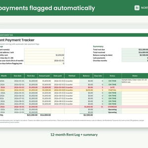 May include: A digital rent payment tracker spreadsheet with a green header titled Rent Payment Tracker. It includes columns for month, due date, rent due, amount paid, date paid, method, balance, days late, status, and notes for 2026.
