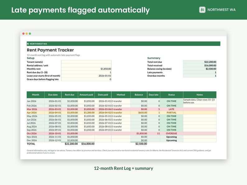 May include: A digital rent payment tracker spreadsheet with a green header titled Rent Payment Tracker. It includes columns for month, due date, rent due, amount paid, date paid, method, balance, days late, status, and notes for 2026.