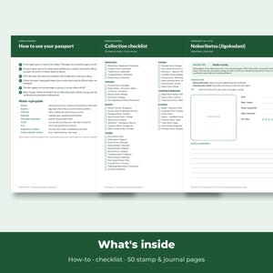 May include: A tri-fold Onsen Passport booklet with a dark green header. The interior pages feature instructions on how to use the passport, a water-type guide, a collection checklist of 50 Japanese hot springs, and a journal page for Noboribetsu.