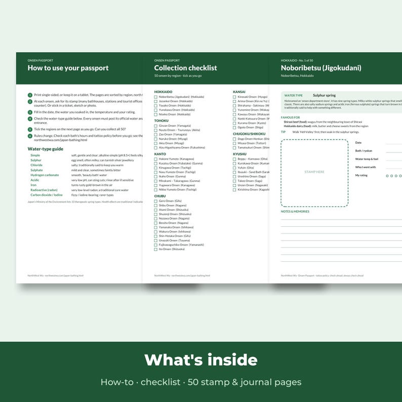 May include: A tri-fold Onsen Passport booklet with a dark green header. The interior pages feature instructions on how to use the passport, a water-type guide, a collection checklist of 50 Japanese hot springs, and a journal page for Noboribetsu.
