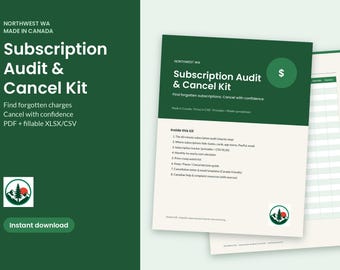 Kit per la verifica e la cancellazione degli abbonamenti / Strumento di monitoraggio degli abbonamenti canadesi, modelli di lettere di cancellazione, calcolatore dei costi / PDF stampabile + Excel