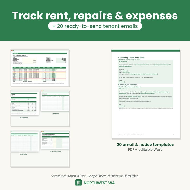May include: A digital toolkit for property management featuring a rent payment tracker, expense log, and preventive schedule spreadsheets. Includes 20 ready-to-send tenant email and notice templates in PDF and editable Word formats.