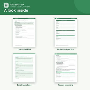 Pu&ograve; includere: Un set di documenti Northwest WA Complete Alberta Landlord Kit composto da quattro pagine bianche con intestazioni verdi. Le pagine includono una lista di controllo per il contratto di locazione, un modulo di ispezione, modelli di email e un documento di selezione degli inquilini.